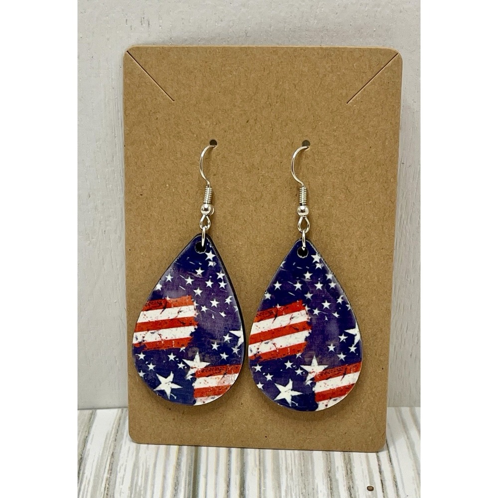 Red/White/Blue Patriotic  Pierced Earrings Teardrop Dangle 2"